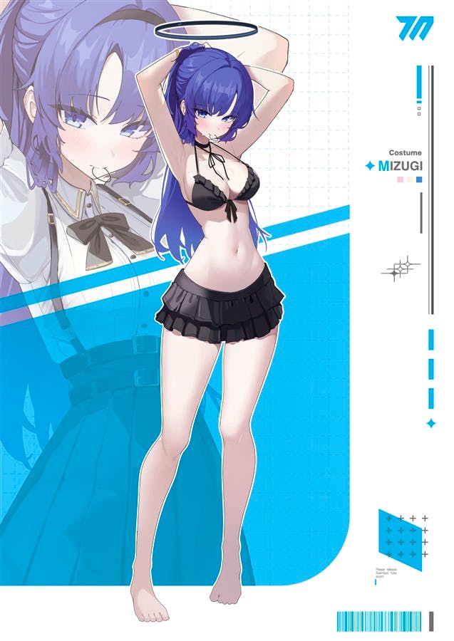 Front illustration of the Hayase Yuuka swimsuit acrylic stand showing the character in a black bikini top and ruffled skirt.