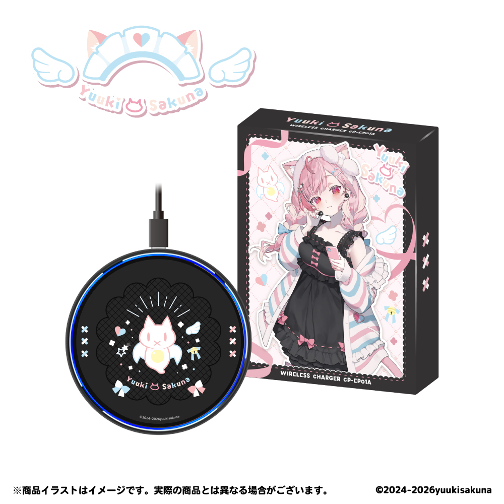 Round wireless charger featuring Yuuki Sakuna character artwork shown next to its illustrated product box.