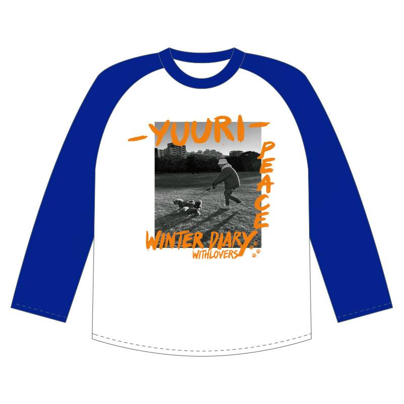 Front-facing illustration of the Yuuri with Lovers raglan T-shirt (white body, blue sleeves) showing a central black-and-white photo-style print with orange text.