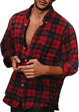 Male model wearing a red and black checkered long-sleeve men's shirt, shown unbuttoned.