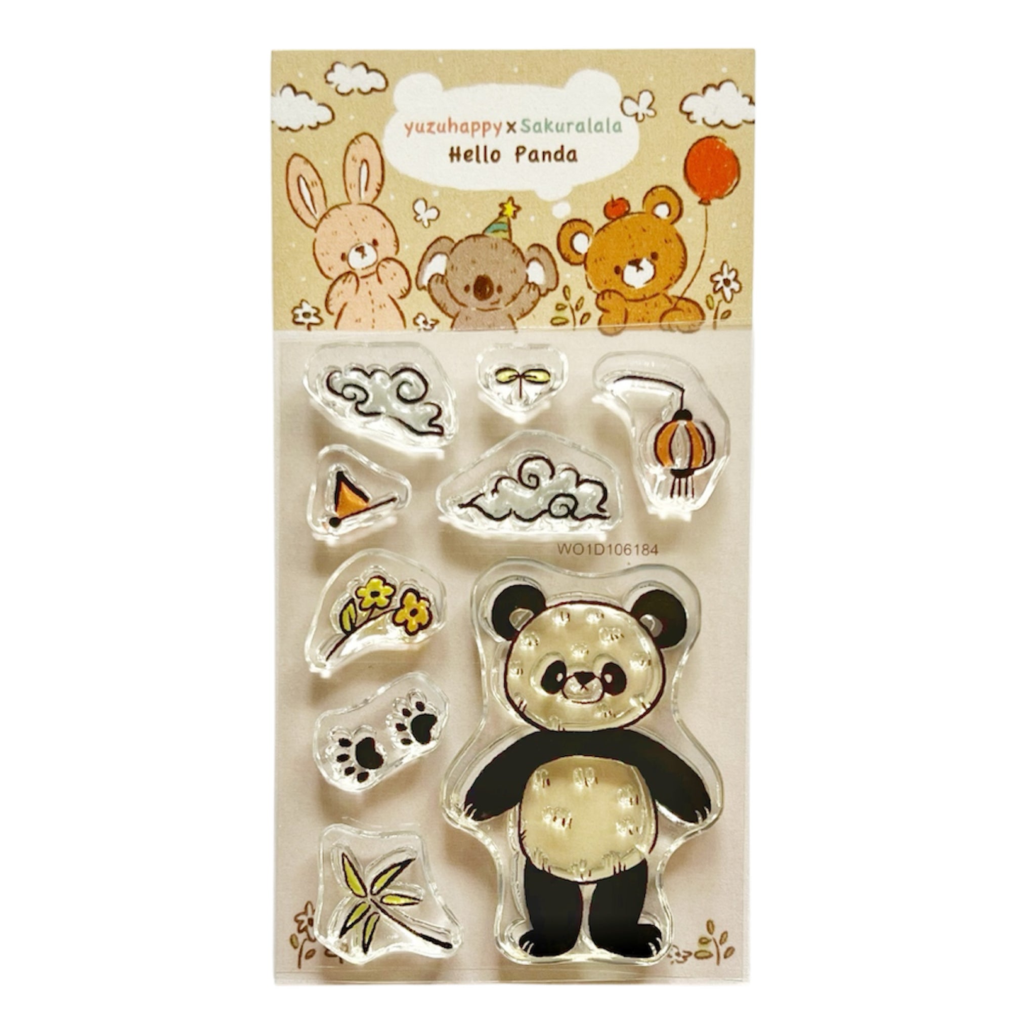 Packaged plastic stamp set for "Yuzu Happy x Sakuralala - Hello Panda" showing a panda stamp and several small decorative stamps.