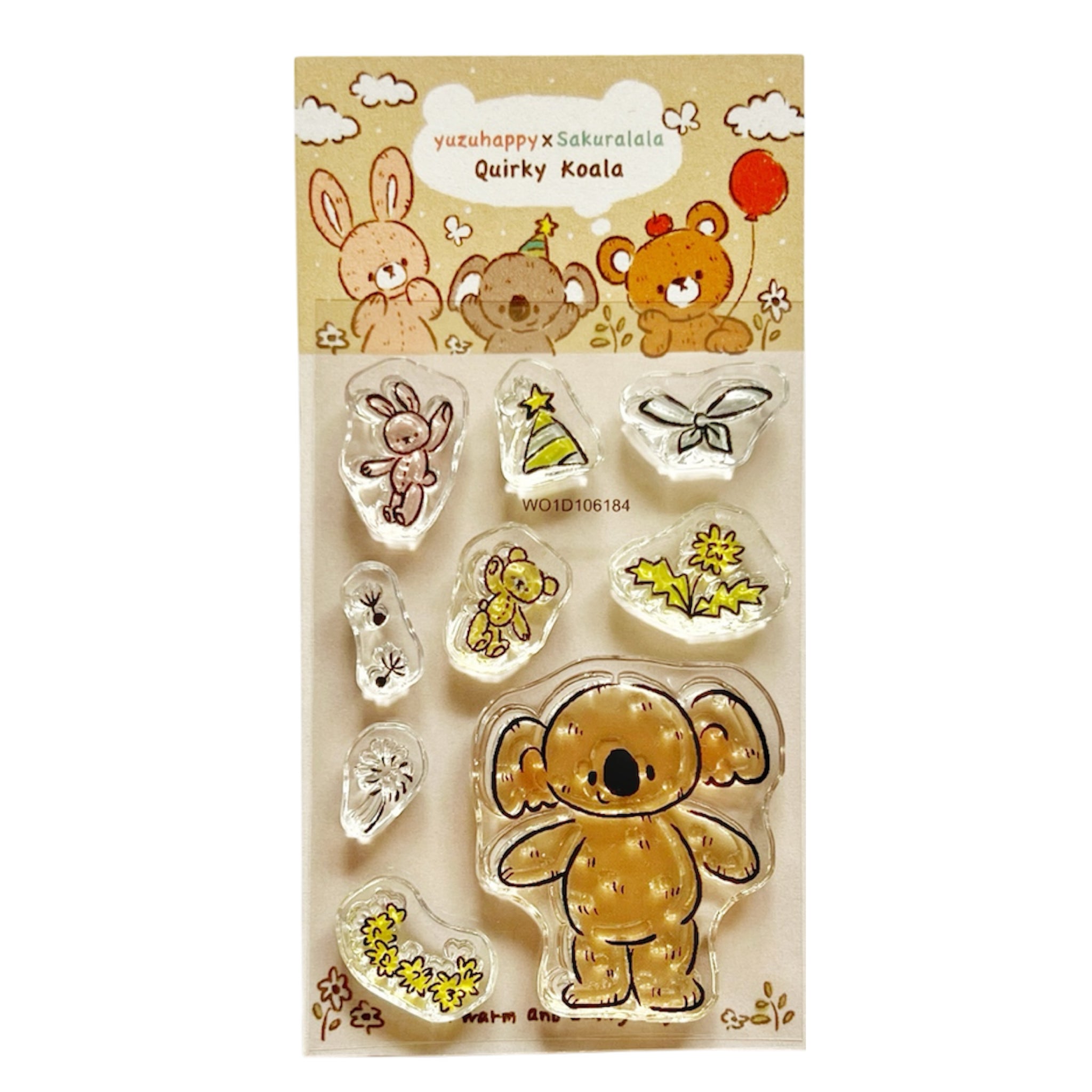 Packaged plastic stamp set showing a koala and small accompanying designs labeled Quirky Koala.