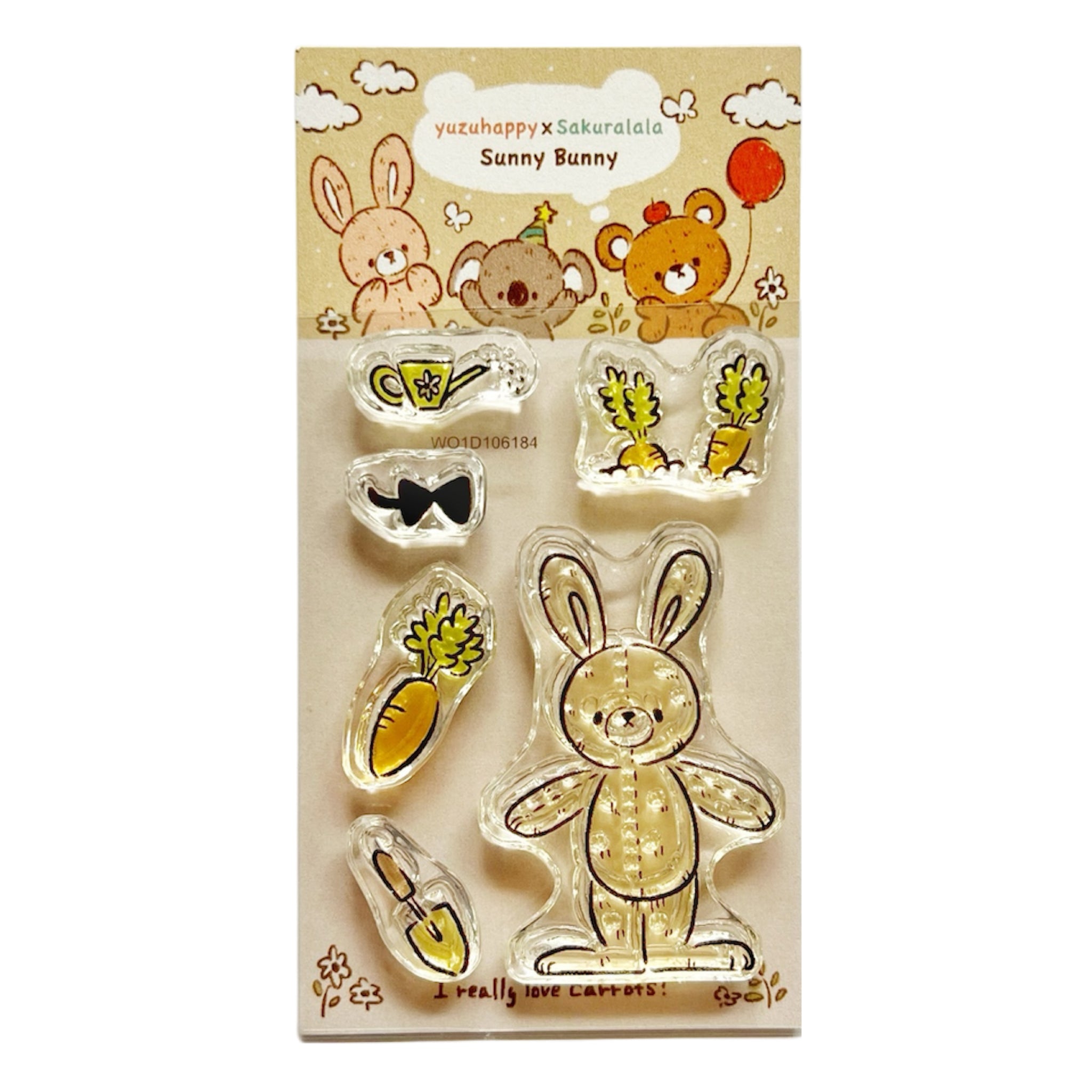 Blister pack of Sunny Bunny clear plastic stamps showing a rabbit, carrot, and small accessory stamps on illustrated backing labeled "Sunny Bunny".