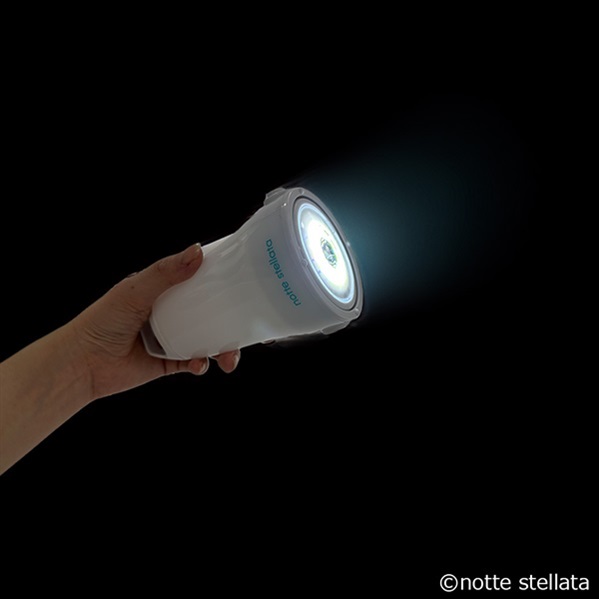 A hand holding a lit white desk lamp against a black background.