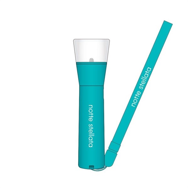 Illustration of a teal pen light with a clear head and a matching strap printed "notte stellata".