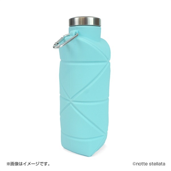 Turquoise foldable silicone bottle standing upright with a stainless-steel cap and attached carabiner.