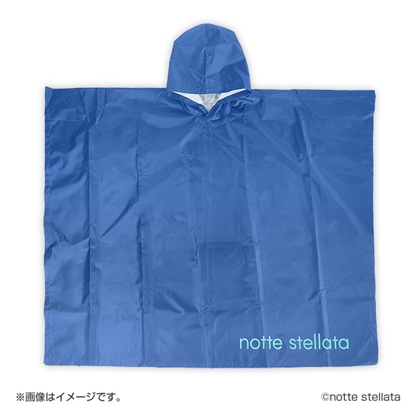 Blue water-repellent women's rain poncho laid flat with a hood and the "notte stellata" logo visible.