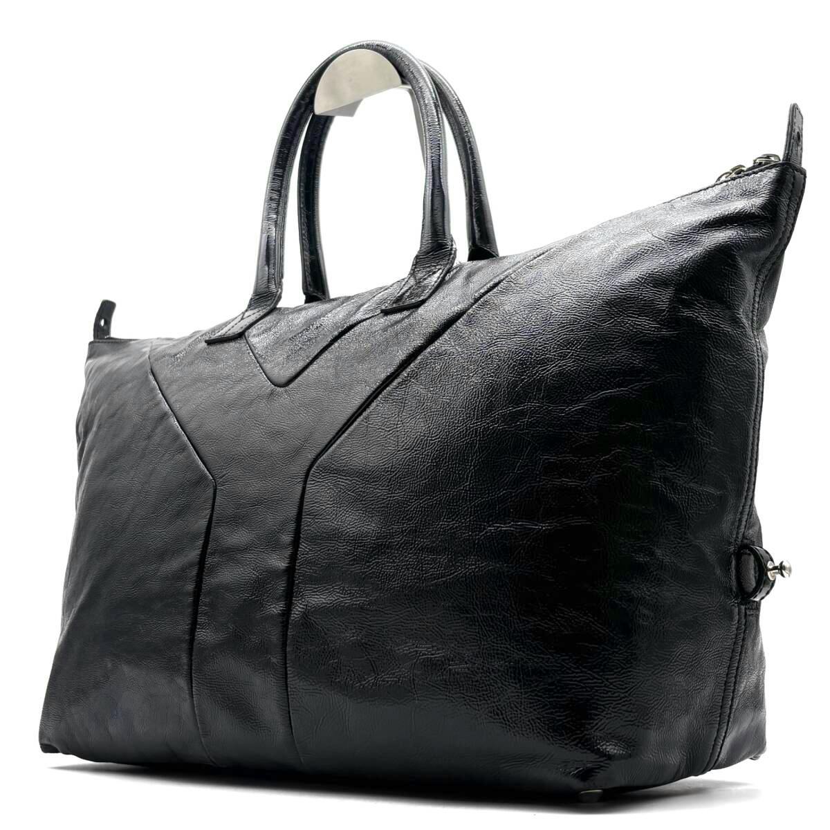 Black Yves Saint Laurent leather Y-logo boston/tote bag shown at an angle on a white background.