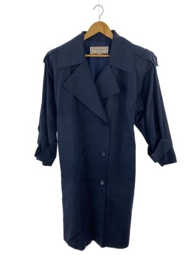 Front view of a navy Yves Saint Laurent women's silk trench coat on a hanger.