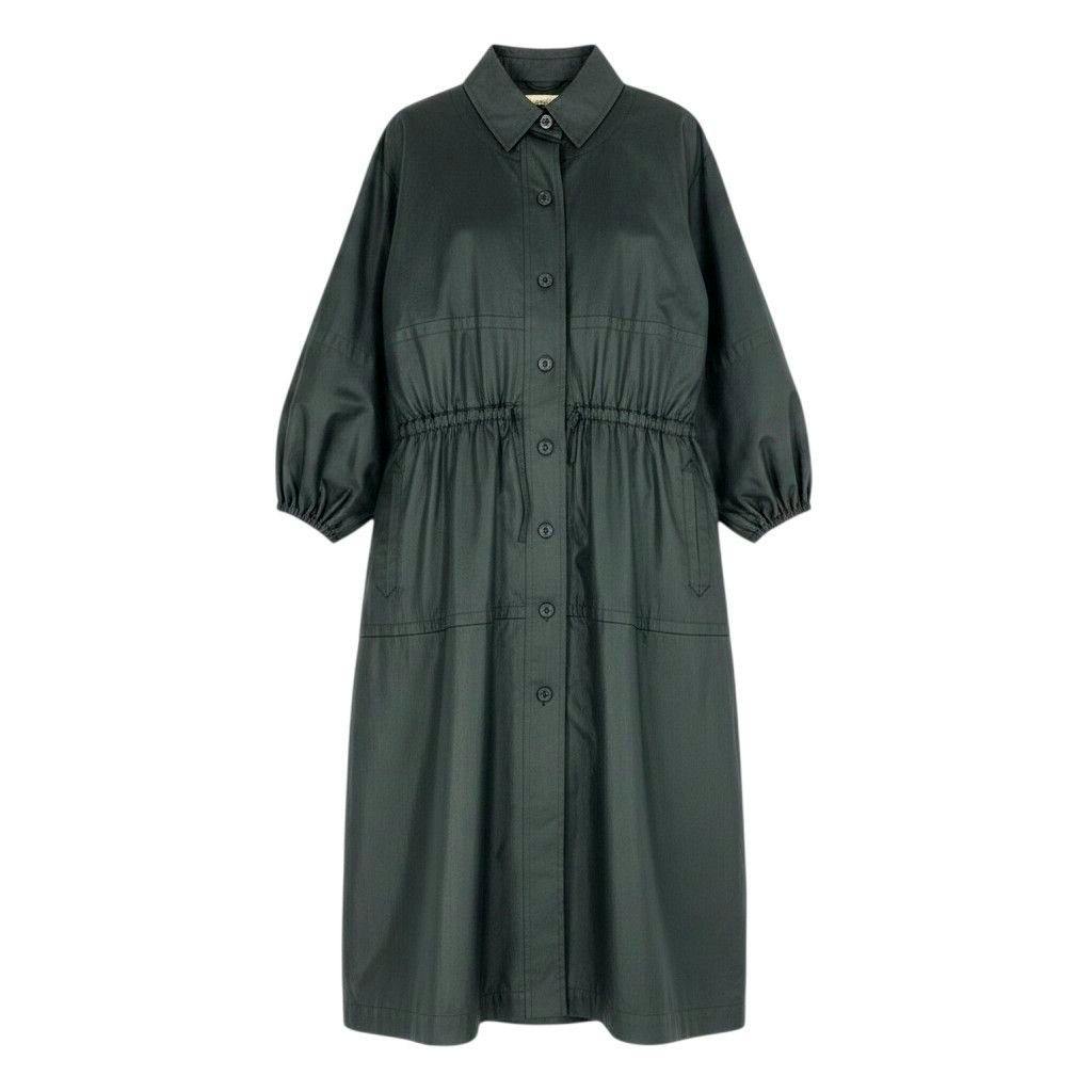 Front view of a black long women's coat with a stand collar, front buttons, and a cinched waist.