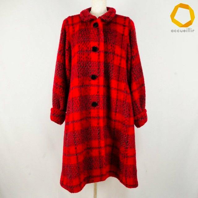 Red and black checked long women's wool coat with large black buttons displayed on a mannequin.