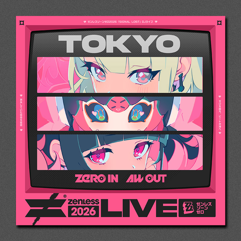 Pink cheer scarf design showing three horizontal anime-style face panels with the word “TOKYO” at top and “ZENLESS LIVE 2026” text at the bottom.