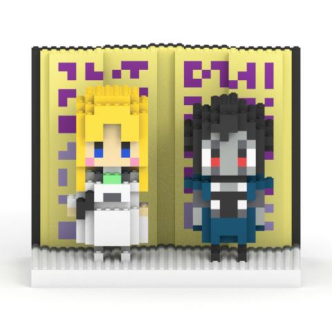 Front view of block-style Brago and Sherry figures from the Mitacle Block collaboration standing before a yellow open-book backdrop on a white base.