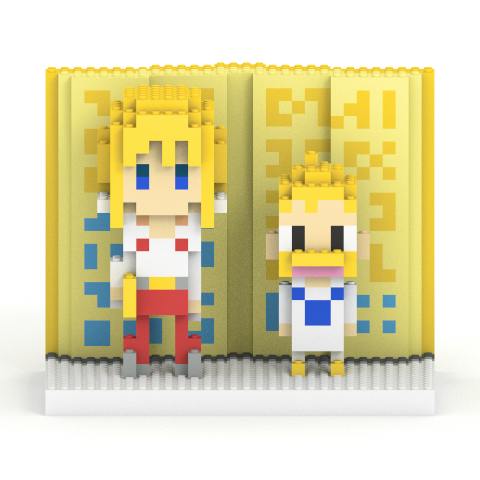 Front view of the block-style figures of Kanchome and Folgore with a yellow patterned backdrop on a white base.