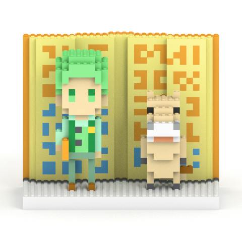 Front view of the 金色のガッシュ ウマゴン＆サンビーム ミタクルブロックコラボフィギュア showing two block-style figures on a white base in front of a golden book-shaped backdrop.