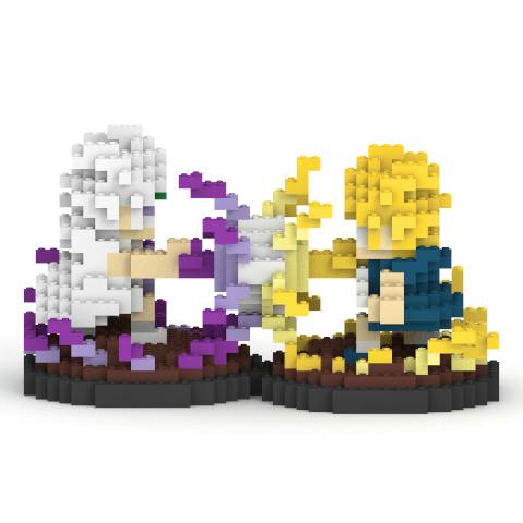 Block-style diorama figure ("金色のガッシュ ゼオンVSガッシュ") showing two characters on round black bases with purple and yellow block effects.