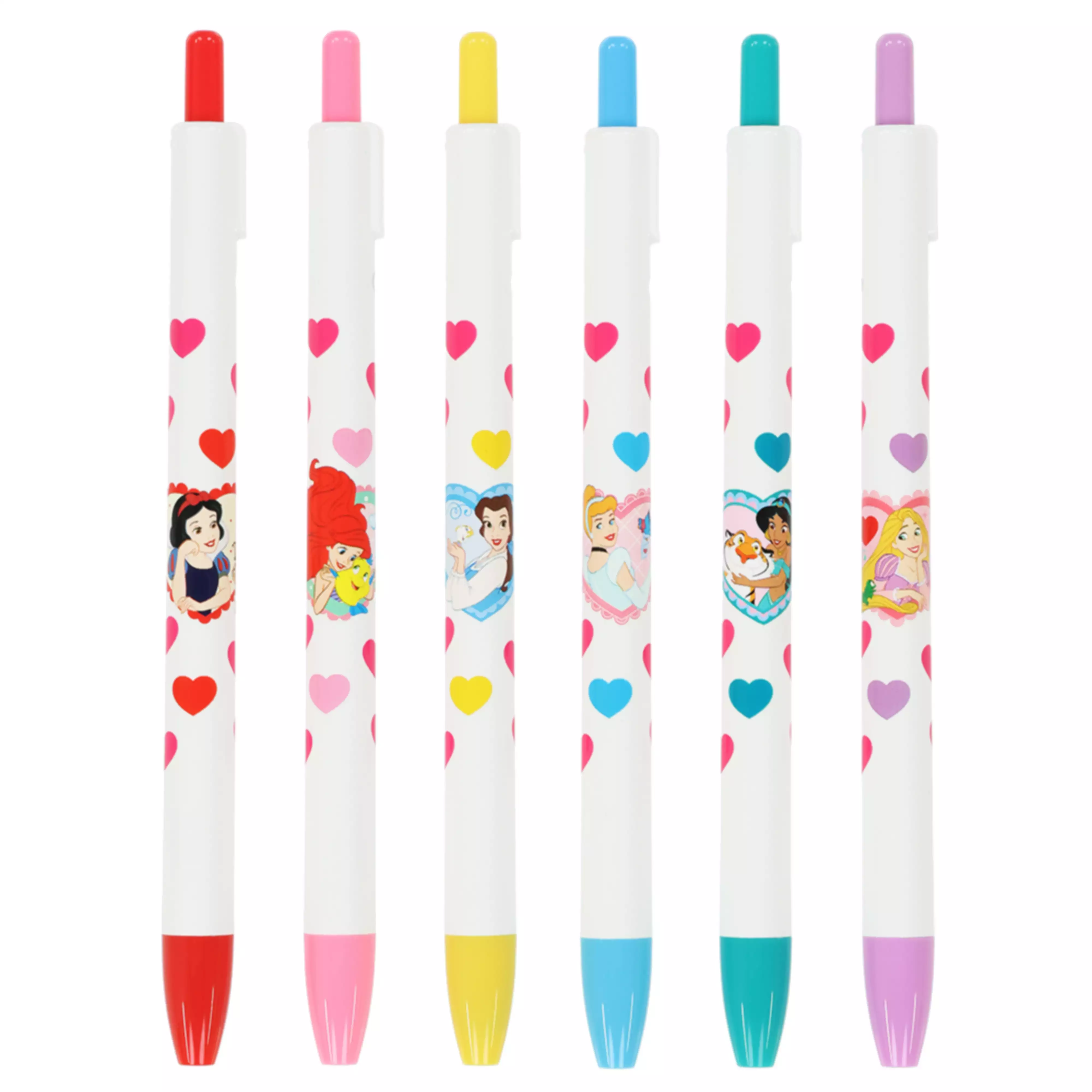 Six Disney Princess-themed color pens with white barrels decorated with hearts and princess images, with caps and tips in red, pink, yellow, blue, teal, and purple.