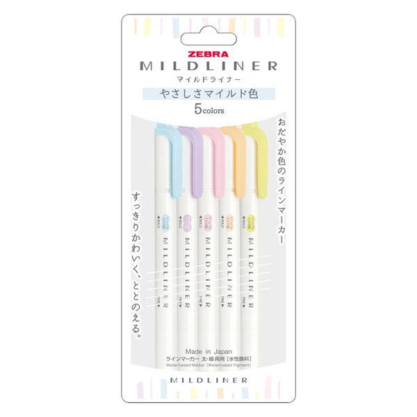 Packaged set of five Zebra Mildliner brush pens in soft pastel colors shown in card blister packaging.