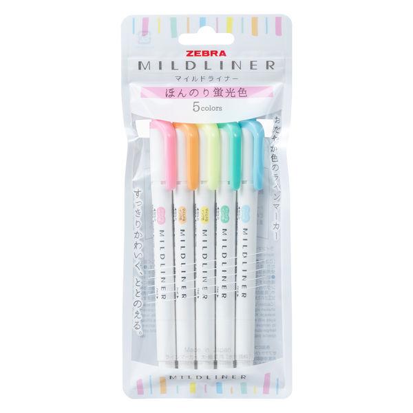 Clear packaged set of five Zebra Mildliner brush pens in pastel colors.