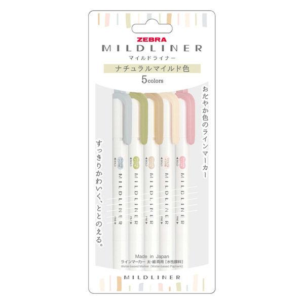Five Zebra Mildliner highlighter pens in natural mild colors shown in their retail packaging.
