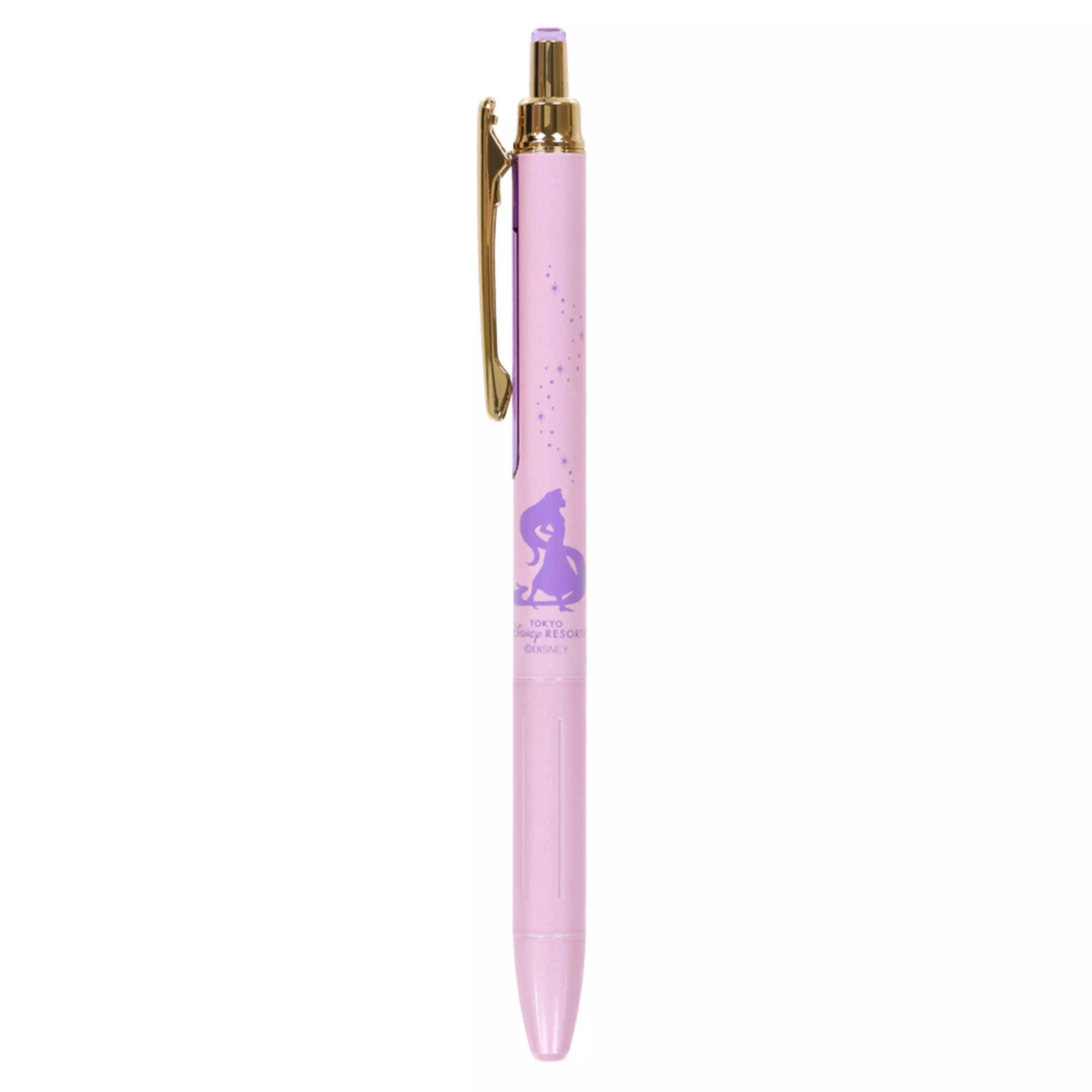A pink ballpoint pen with a gold clip and a purple Rapunzel silhouette on a white background.