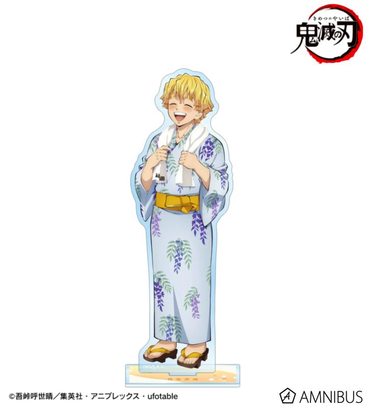 Acrylic stand of the character 我妻善逸 (Zenitsu Agatsuma) wearing a wisteria-patterned onsen yukata, shown standing on its display base.