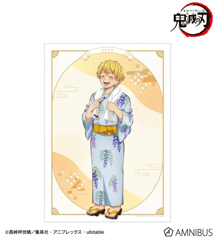 A printed A3 matte poster depicting Agatsuma Zenitsu wearing a floral yukata and towel, smiling against a decorative oval background.