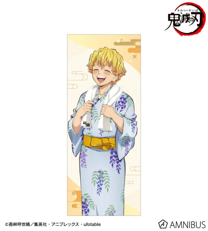 Face towel showing an illustration of Zenitsu Agatsuma in a yukata holding a towel around his neck.