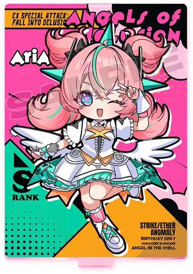 A front view of the acrylic stand showing the chibi pink-haired character “Aria” printed on a colorful rectangular background.