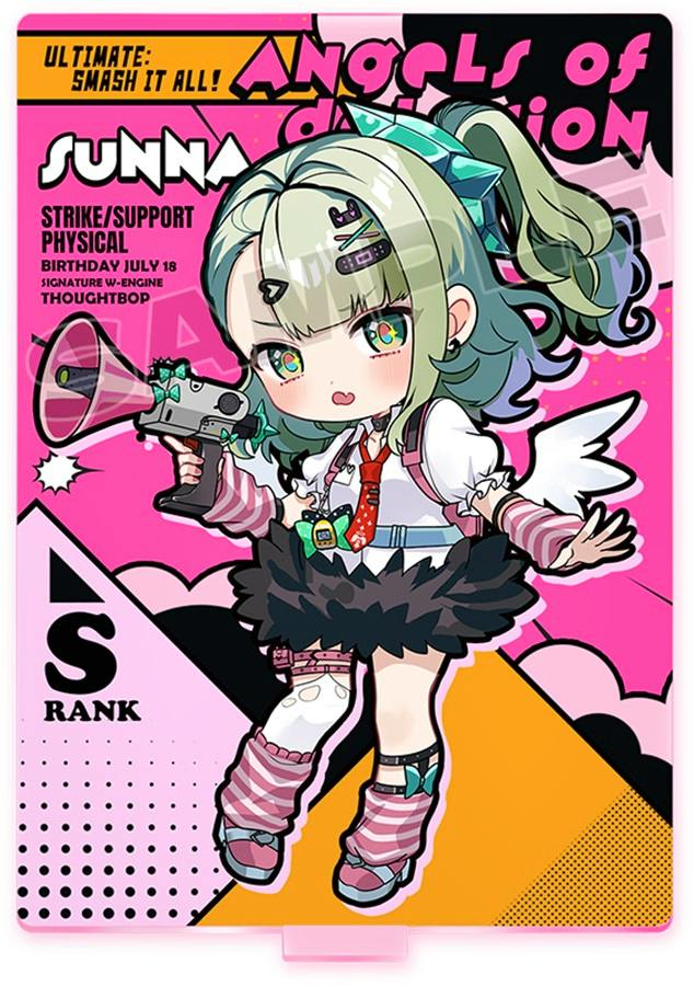 Acrylic stand of 千夏 in chibi style holding a megaphone against a pink graphic background.