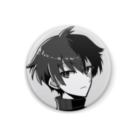 Round can badge showing a black-and-white illustrated male character's head and shoulders.