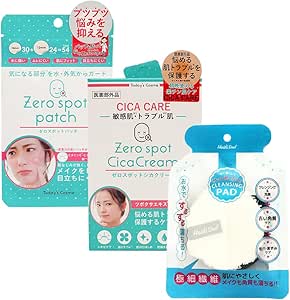 Three retail packages displayed together: Zero Spot Patch, Zero Spot Cica Cream, and a Cleansing Pad.