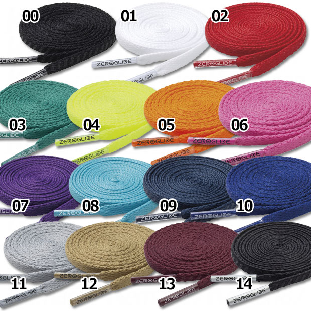 Coiled ZEROGLIDE shoelaces in multiple colors displayed side by side.