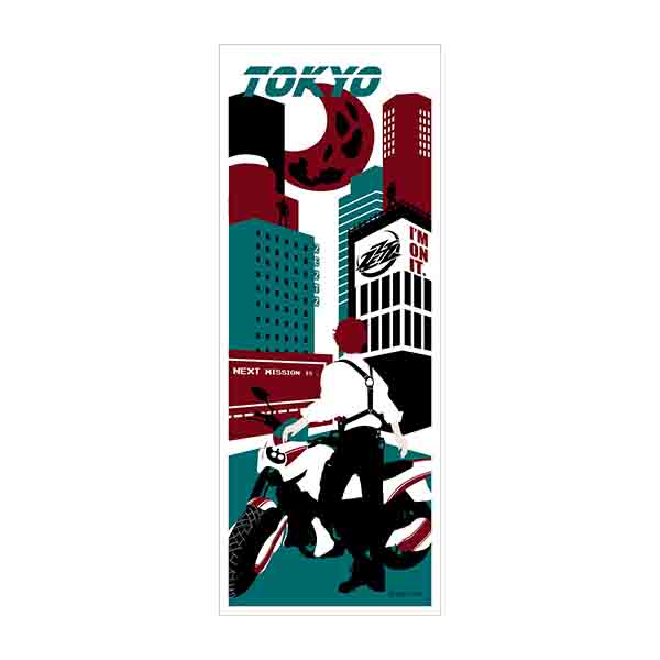A rectangular hand towel showing a stylized Tokyo cityscape print with a person standing next to a motorcycle.