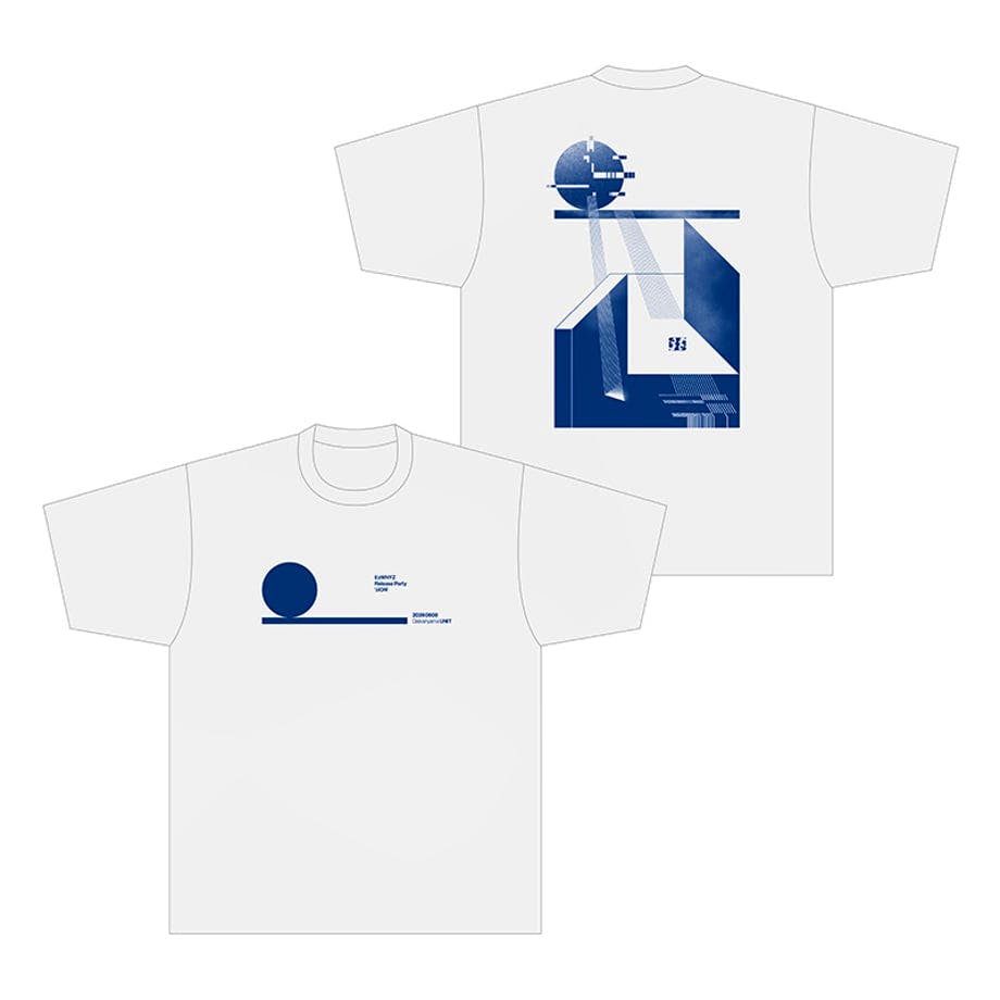 Front and back views of the white cotton T-shirt showing blue geometric graphic prints.