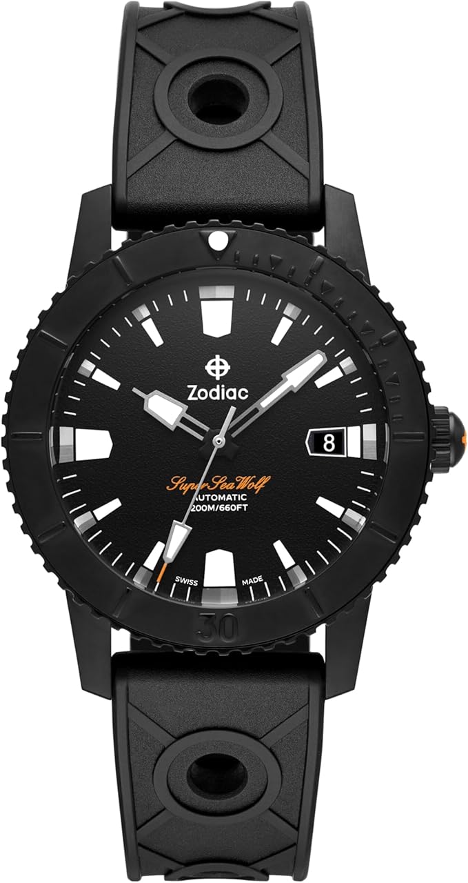 Front view of the Zodiac Men's Analog Rubber Watch ZO9289 showing a black dial with date window, rotating bezel, and black rubber strap.