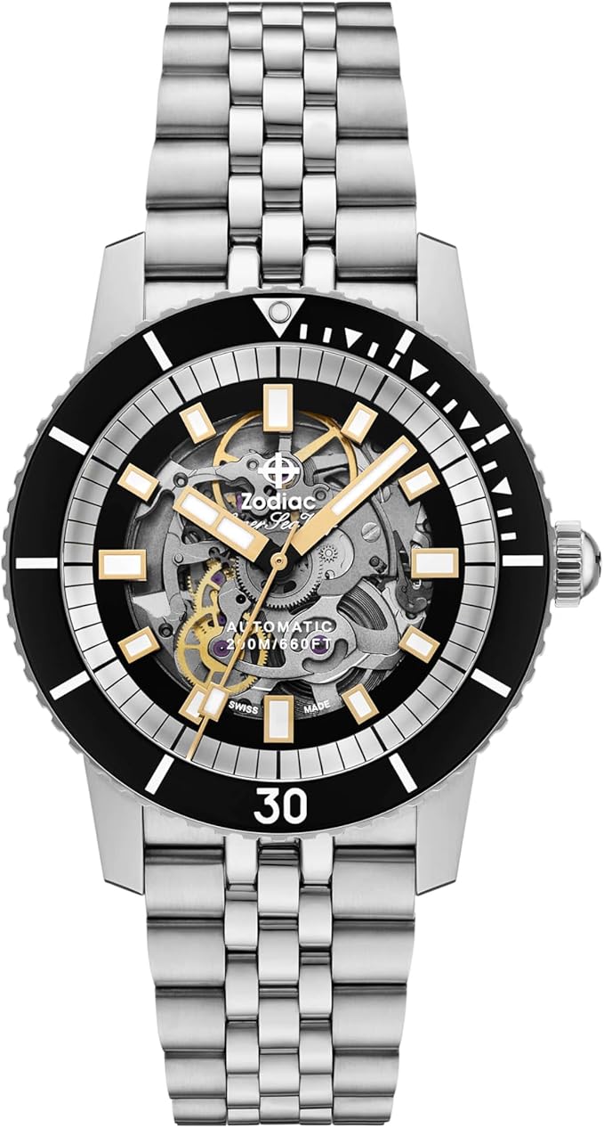 Front view of a Zodiac men's automatic stainless steel diver watch (ZO9319) with a skeleton dial, black bezel, and stainless steel bracelet.
