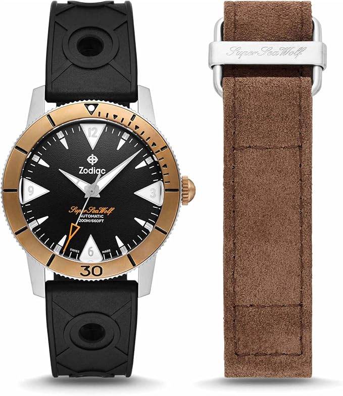 Zodiac Super Sea Wolf two-tone stainless steel automatic watch with a black dial on a black rubber strap shown beside a brown suede replacement strap.