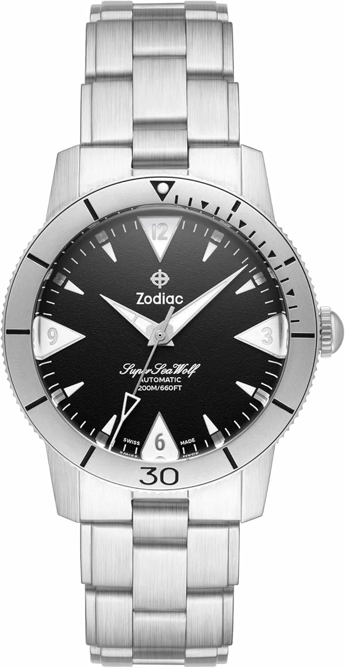 Front view of the Zodiac ZO9215 men's stainless steel analog wristwatch with a black dial and metal bracelet.