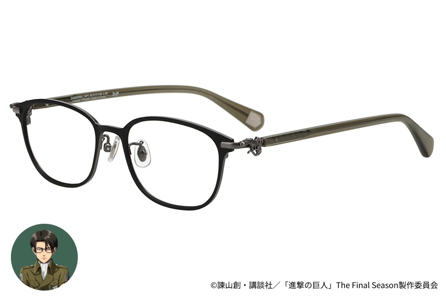 Three-quarter view of the Zoff 進撃の巨人 リヴァイモデル glasses showing a black frame and temples on a white background.