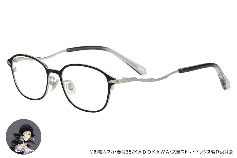Zoff Bungou Stray Dogs Akutagawa Ryunosuke model black-framed glasses shown at an angle with silver textured temples on a white background.