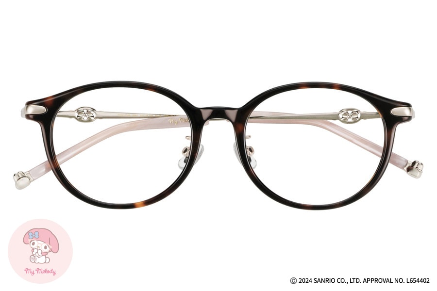 Front view of round tortoiseshell corrective glasses (Zoff Sanrio My Melody model) on a white background.