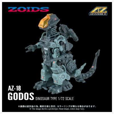 Front view of the Zoids AZ-18 ゴドス (Godos) dinosaur-type plastic figure on a black background with product branding and scale text.