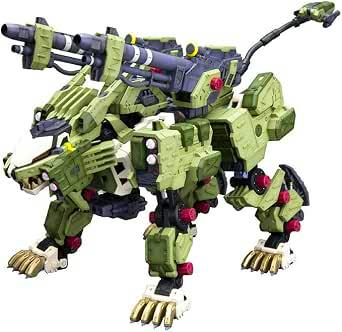 Green and gray ZOIDS RZ-041 Liger Zero Panzer Marking Plus plastic model in a walking pose with large cannons mounted on its back.