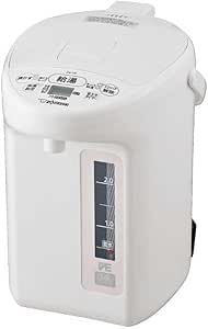 Front and top view of a white Zojirushi Mahobin electric pot (0.8 gal / 3.0 L) showing the lid, control panel, and a water level window.
