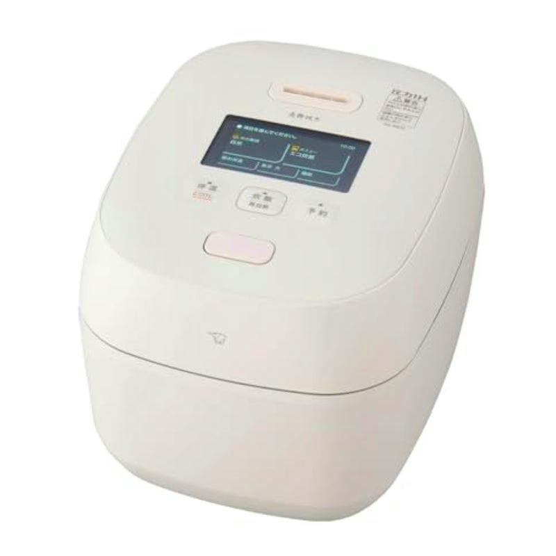A white Zojirushi NX-AB10-WZ rice cooker shown from an angled top-front view, showing the lid and control panel.