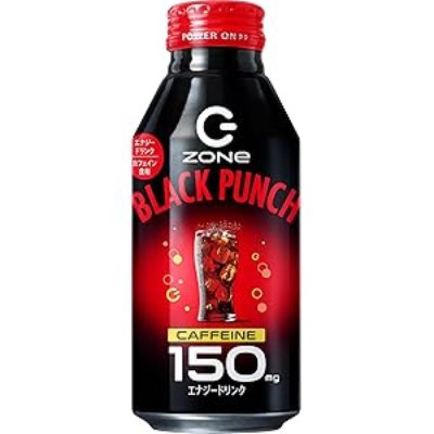 Front view of a ZONe Black Punch energy drink bottle showing the label and "CAFFEINE 150 mg".