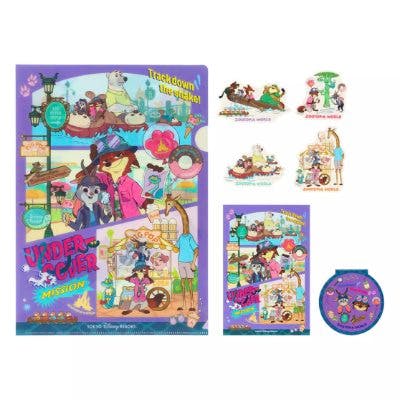 Purple Zootopia-themed clear file folder shown with matching stationery items and character illustrations.