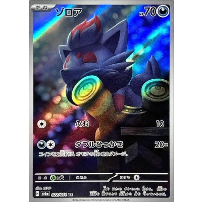Front-facing photograph of the holographic Zorua trading card with Japanese text and foil effects.