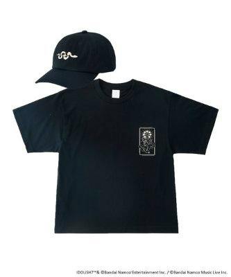 A black T-shirt with a small rectangular chest print laid flat with a matching black cap positioned above it on a white background.